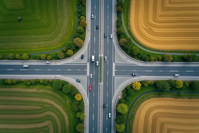 Vue aérienne d'un échangeur autoroutier français en forme de trèfle entouré de champs agricoles